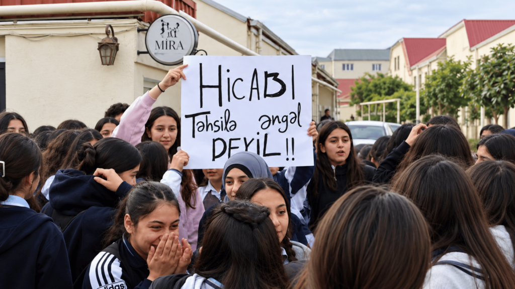 Manifestation devant l'école n°69 du quartier Balakhany à Bakou : « Le hijab n'empêche personne de recevoir une éducation. » L'interdiction du port du hijab dans les écoles azerbaïdjanaises